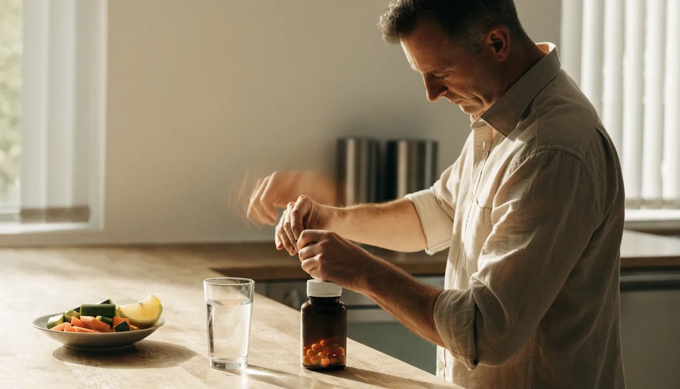 Hombre adulto en cocina manteniendo su rutina matutina con hidratación y nutrición funcional